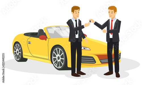 Two bussinessman are negotiation about car sell in the dealer