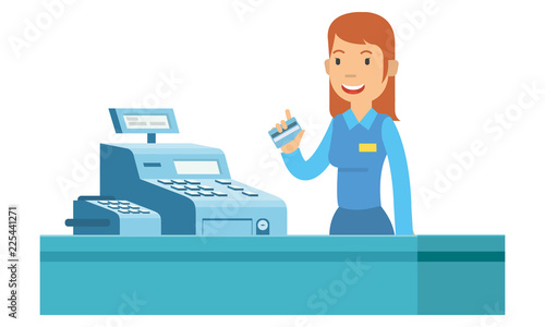 Young girl cashier are happy can work at supermarket