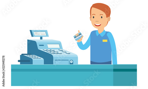Cartoon of happy man in the cashier with the tools are he use
