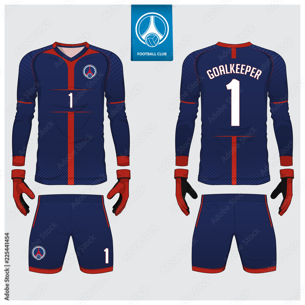 Fototapeta premium Goalkeeper jersey or soccer kit, long sleeve shirt, goalkeeper glove template design. Blue sport t-shirt mock up. Front and back view football uniform. Flat football logo. Vector Illustration.