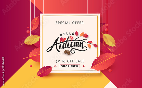 Autumn leaves background. Seasonal lettering.vector illustration.Promotion sale banner of autumn season.