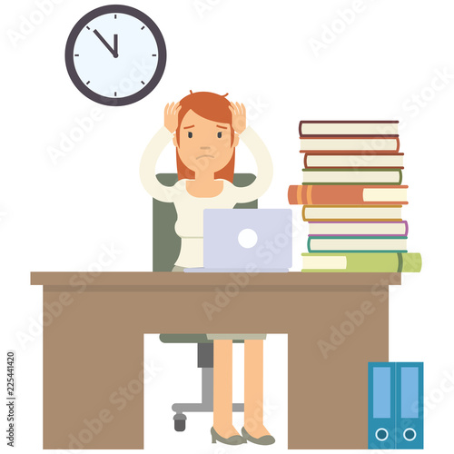 stressed woman worker with her pile of work waiting in the office