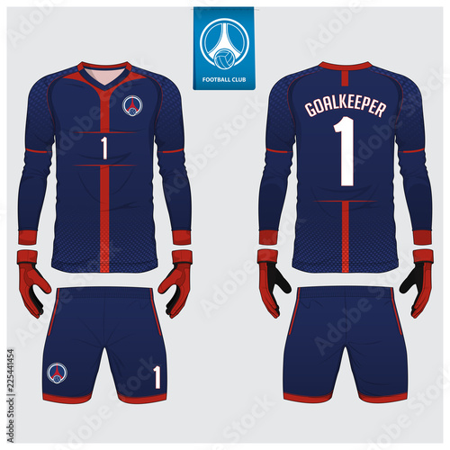 Goalkeeper jersey or soccer kit, long sleeve shirt, goalkeeper glove template design. Blue sport t-shirt mock up. Front and back view football uniform. Flat football logo. Vector Illustration.