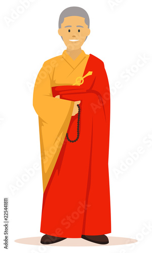 Vector illustration full body of buddhist monk with orange robes
