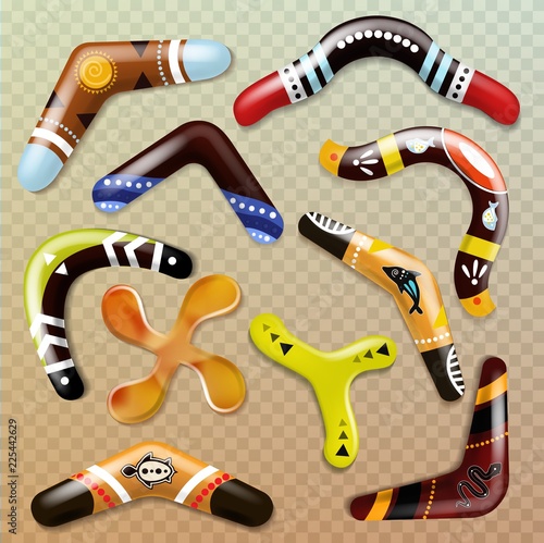 Boomerang vector aboriginal throwing weapon and australian souvenir sport toy in australia illustration set of traditional object ofs boomerang-effect isolated on transparent background