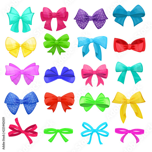 Bow vector cartoon bowknot or ribbon for decorating gifts on Christmas or Birtrhday party illustration set of elements bowed or ribboned presents on holidays celebration isolated on white background
