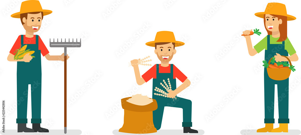 Young farmer pose in barn and farm land while working in vector style illustration