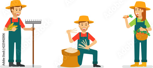 Young farmer pose in barn and farm land while working in vector style illustration