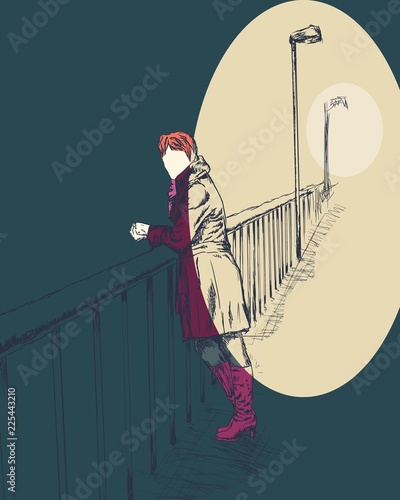 Fashion model in sketch style on bridge. Autumn season. Hand drawn illustration