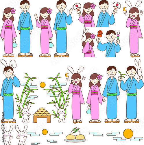  浴衣のカップル夫婦とお月さまとうさぎ