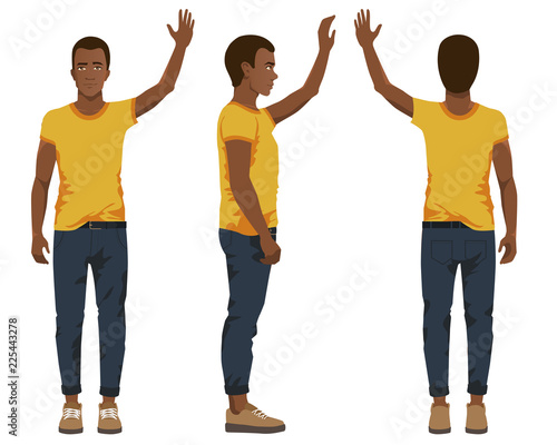 Vector illustration of three black men in casual clothes with hand up under the white background.Cartoon realistic people illustartion.Flat young man. Front view man, Side view man, Back side view man