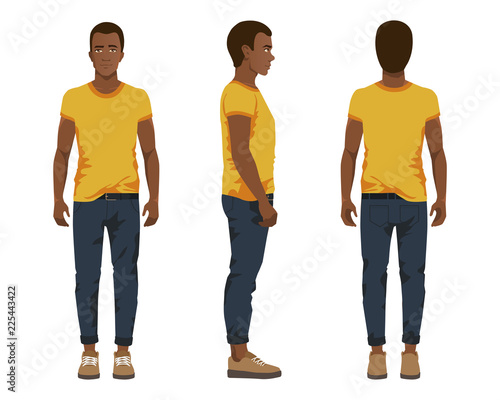 Vector illustration of three black men in casual clothes under the white background. Cartoon realistic people illustartion. Flat young man. Front view man, Side view man, Back side view man