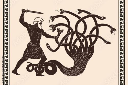 Hercules kills the Lyrna Hydra. 12 exploits of Hercules. Figure isolated on white background.