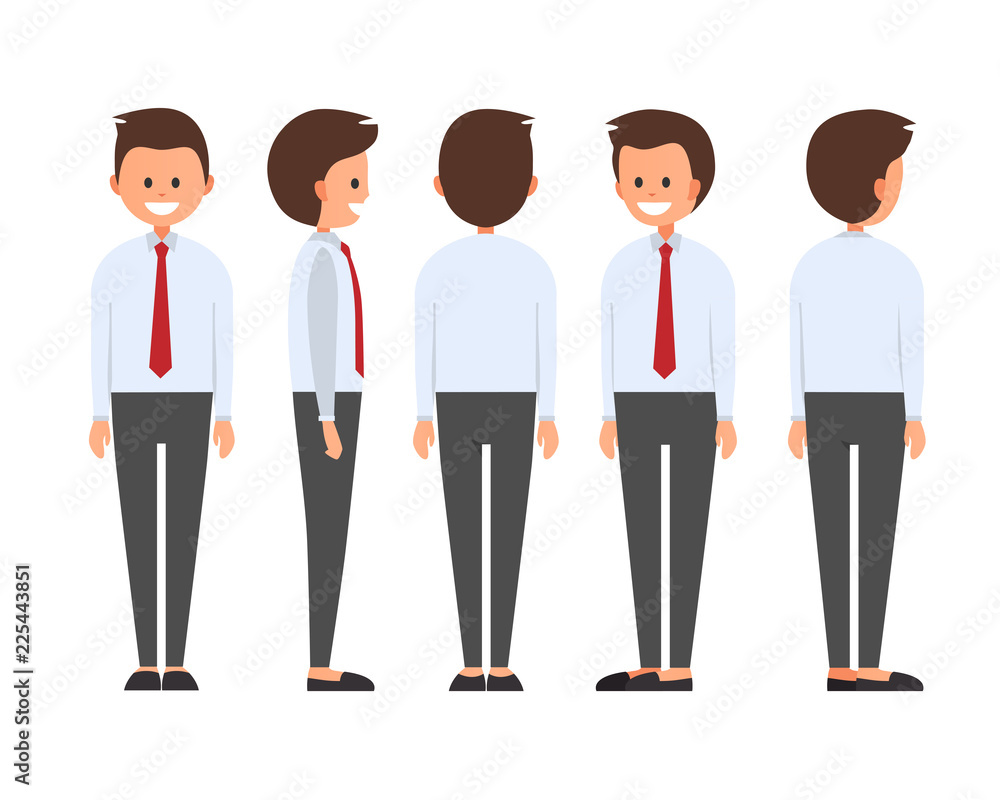 Front, side, back view animated character. Set with various views. Cartoon  style, flat vector illustration of smiling boy with short hair in official  clothes. Worker in a shirt with a tie Stock