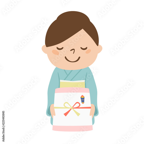 女性のイラスト。感謝の気持ちを込めた贈り物を渡している姿。