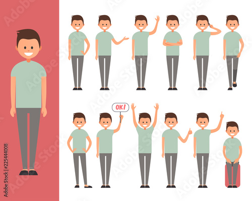 Set of a guy in casual clothes in different poses. A character for your project. Vector illustration in a flat style. Designer character creation set with various views. Smiling boy with short hair.