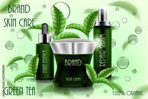 Moisturizing cosmetic ads template, 3D cosmetic product design with flying tea leaves. Cream, spray serum and pure essence realistic glass bottle isolated.