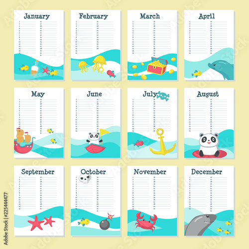Photography Planner calendar vector template with cute animals