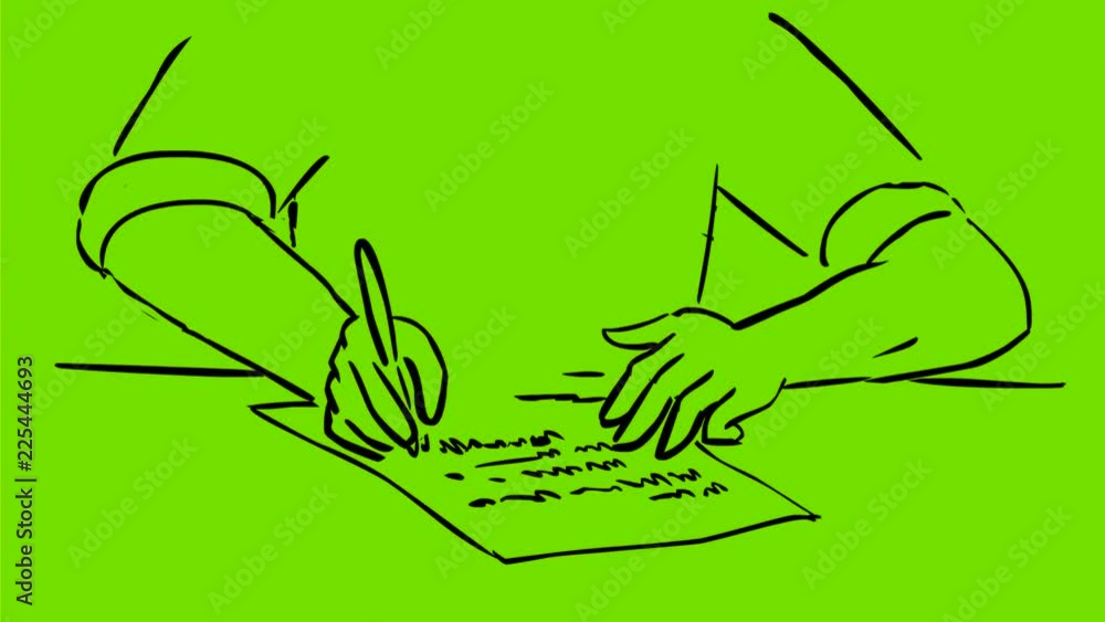 2d Animation motion graphics drawing showing a man with pen writing on paper with right hand on white screen, green screen with alpha matte in  HD high definition.