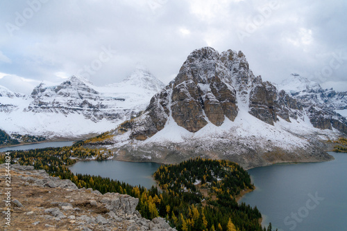 Mount Assiniboine hiding in the clouds during larch season from the Niblet