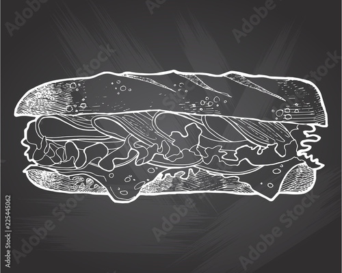 illustration of a burger . Hand drawn food illustration. Fast food,junk food. Food vector picture isolated onchalkboard background.Vector illustration in sketch style. Hand drawn design elements.