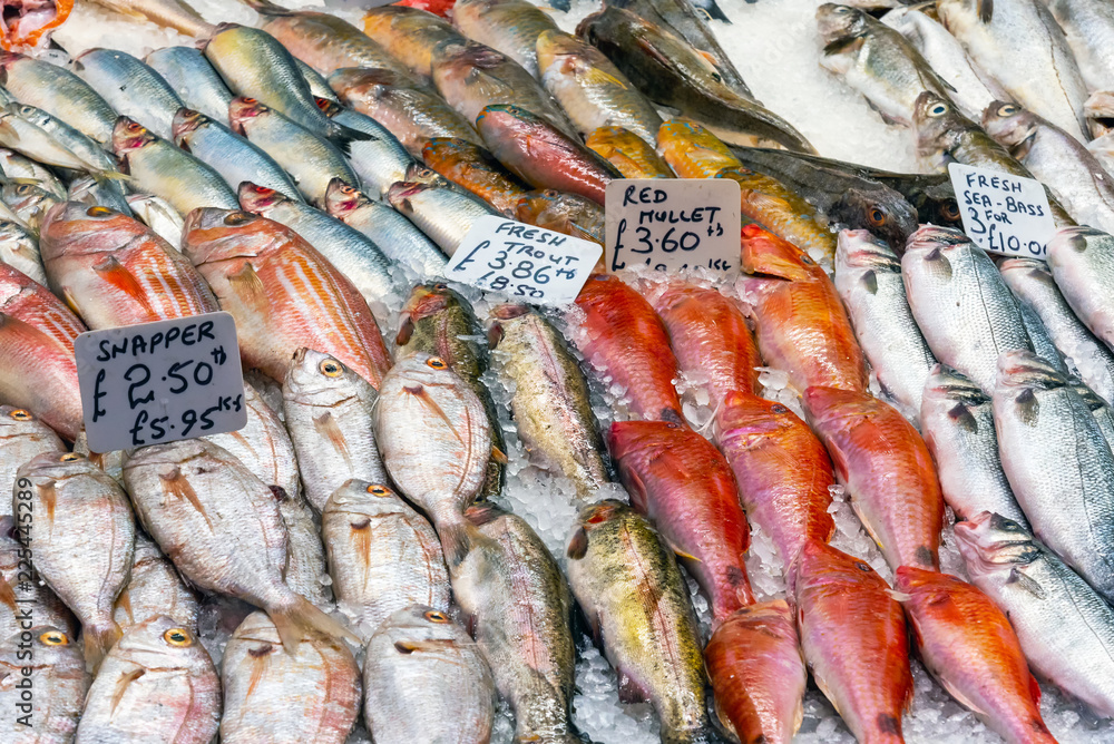 Fototapeta premium Fresh fish for sale at a market in London, Great Britain