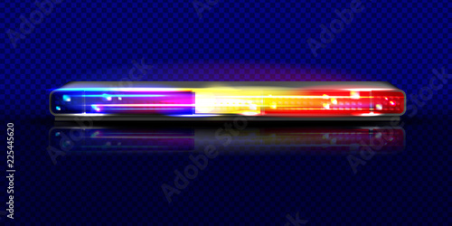 Police siren flasher beacon light vector illustration. Isolated realistic long red and blue horizontal alarm LED lamp with loudspeaker on transparent background