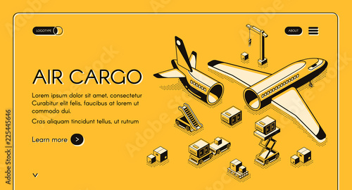 Air cargo logistics and freight delivery vector illustration in isometric black thin line on yellow halftone background. Airplane and shipping parcels on forklift truck or loader pallet from warehouse