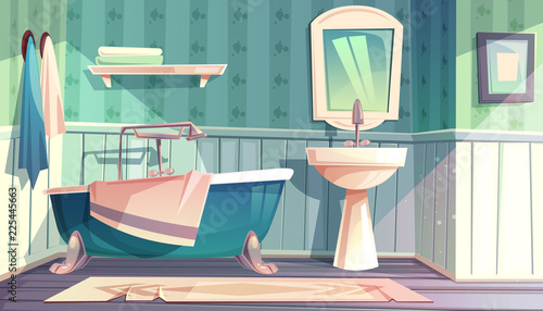 Bathroom interior in vintage French Provence style vector illustration. Cartoon background of rustic antique furniture, bathtub and sink backsplash with mirror and towels on hooks