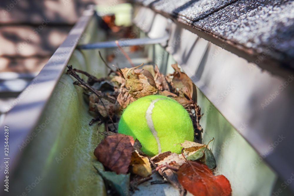 Naklejka premium Tennis ball stuck in gutter on a roof
