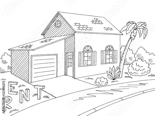 House for rent exterior graphic black white sketch illustration vector