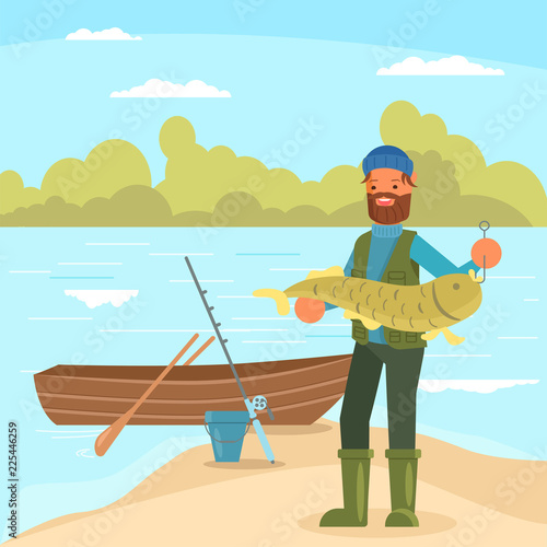 Man holding big fish vector illustration in flat style