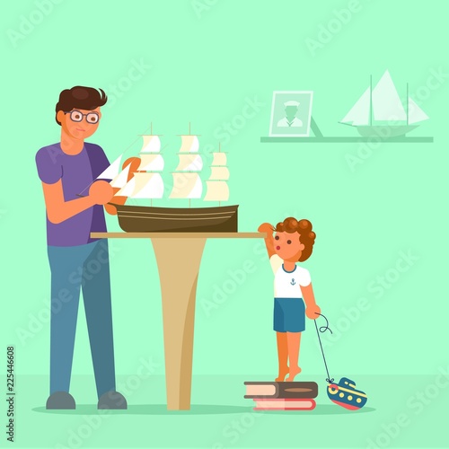 Father making model of sailboat and his son watching him. Vector illustration in flat style. Scale model building, model ships hobby concept design element.