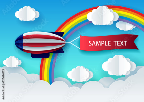 Airship with red ribbon vector paper art illustration