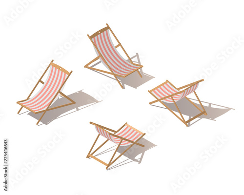 Isolated isometric chaise-longue wooden red striped deck chair, isolated on white background. Deck chair or Beach chaise longue. Flat 3d isometric illustration.