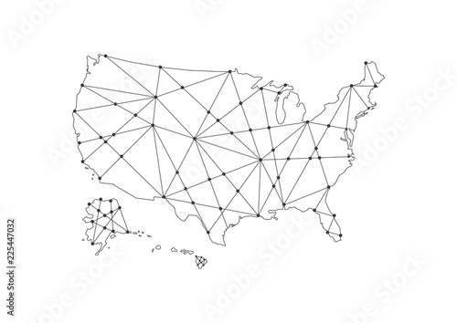 Abstract map of the United States created from dots and lines. Technology and communication network map. Vector illustration