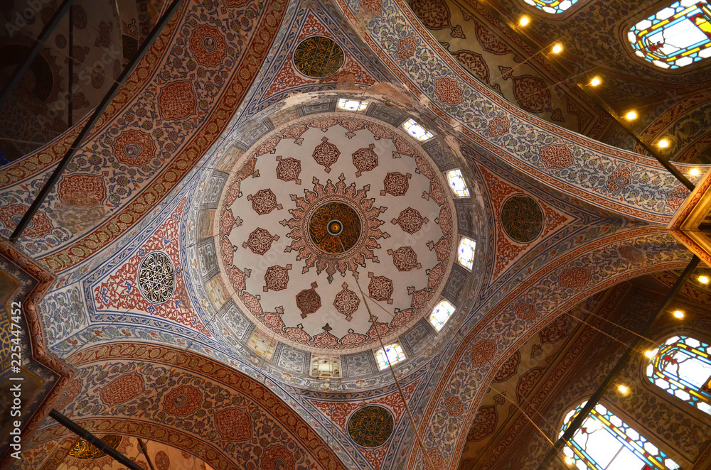 Istanbul, Turkey. The intricately decorated interior of the Blue Mosque, Istanbul,Turkey.