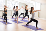 Group of young sporty people practicing yoga with instructor, doing Warrior two exercise, Virabhadrasana II pose, working out, indoor, students training in club, studio full length. Well-being concept