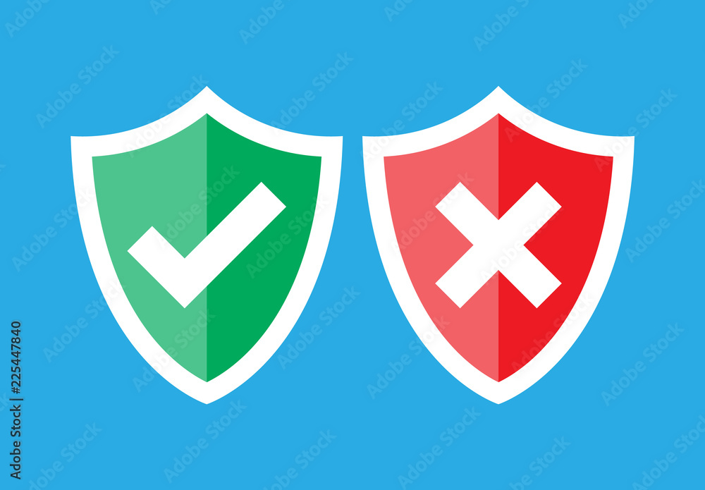 Shields and check marks. Approved and rejected. Shields and check marks. Approved and rejected.
