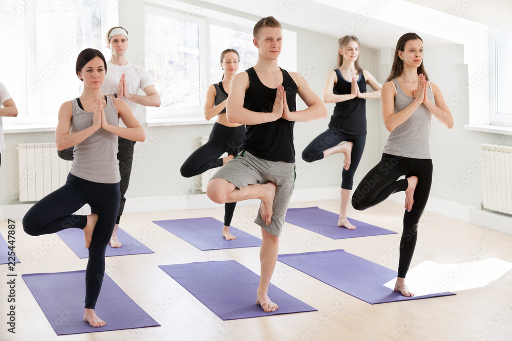 Group of young sporty people practicing yoga lesson, doing Vrksasana exercise, Tree pose, working out, indoor, students training in club, studio full length. Well-being concept Group of young sporty people practicing yoga lesson, doing Vrksasana exercise, Tree pose, working out, indoor, students training in club, studio full length. Well-being concept