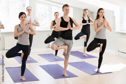 Group of young sporty people practicing yoga lesson, doing Vrksasana exercise, Tree pose, working out, indoor, students training in club, studio full length. Well-being concept