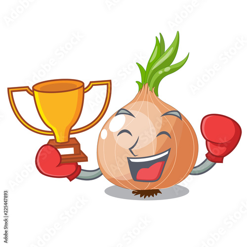 Boxing winner cartoon ripe onion in the kitchen