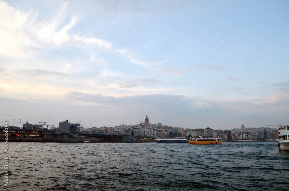 View to Galata district and Galata bridge across the Bay of Golden Horn.Istanbul. Turkey