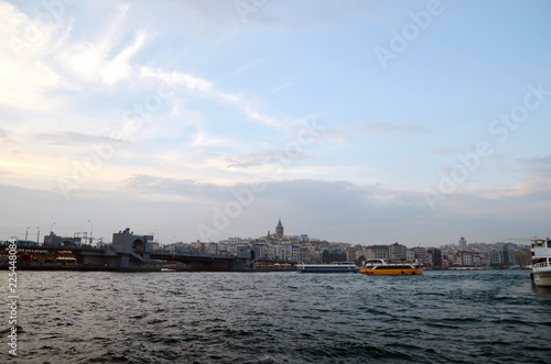 View to Galata district and Galata bridge across the Bay of Golden Horn.Istanbul. Turkey