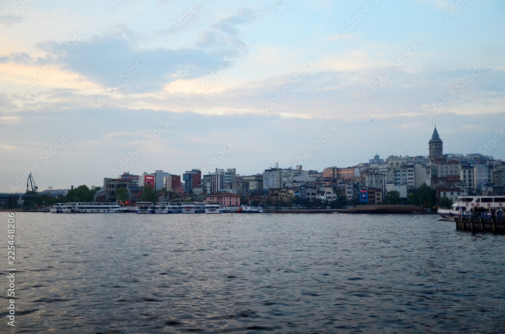 Panorama view of Scenery of Galata district from the famous Galata bridge. Time after sunset