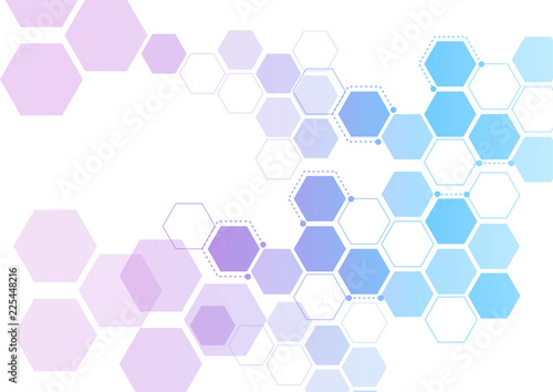 Abstract hexagonal molecular structures in technology background and science style. Medical substance and molecules design. Vector illustration