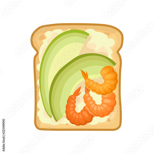 Sandwich with slices avocado and boiled shrimps. Delicious food for breakfast. Flat vector for cafe or restaurant menu