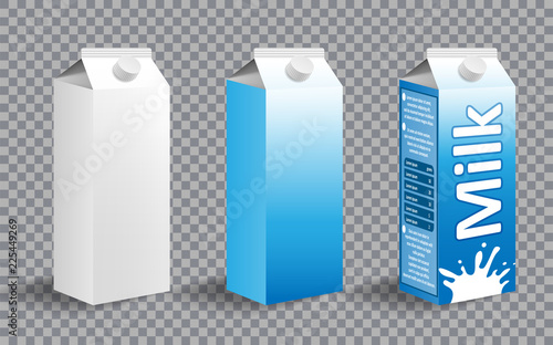 Set of realistic milk carton package. Milk package design with different labels isolated. Dairy product for branding. vector illustration