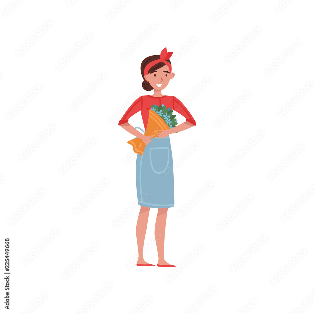 Florist girl with bouquet of beautiful flowers. Cute young woman in blue apron. Flat vector design Florist girl with bouquet of beautiful flowers. Cute young woman in blue apron. Flat vector design
