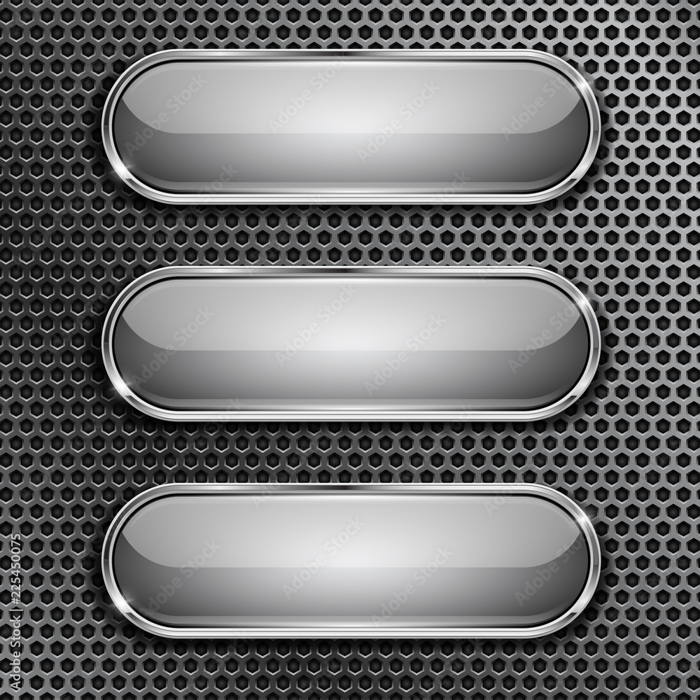 Oval glass buttons with chrome frame on metal perforated background Oval glass buttons with chrome frame on metal perforated background